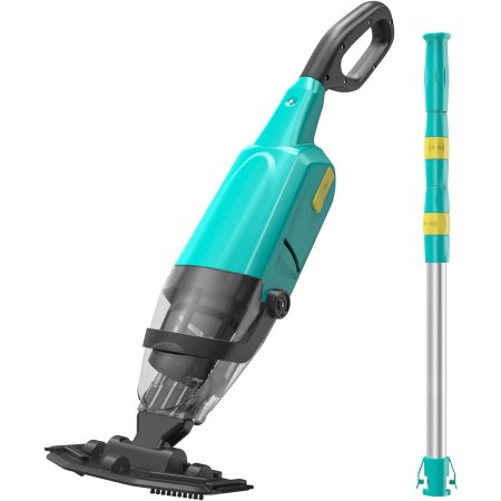  The Efurden Handheld Rechargeable Pool Cleaner and pole on a white background.