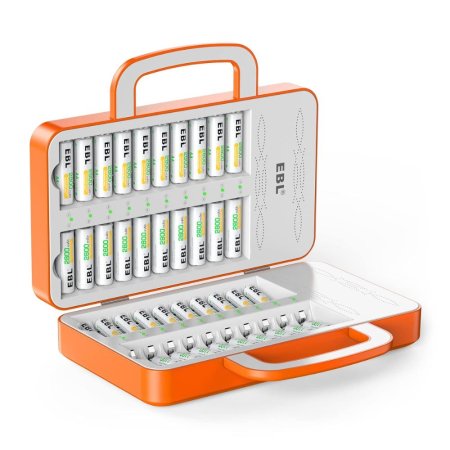  The EBL 40-Slot Battery Charger Box filled with batteries on a white background.