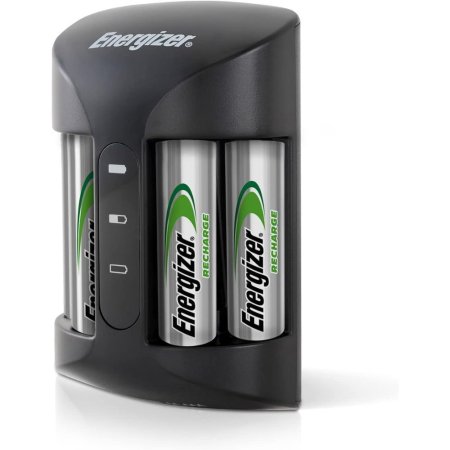  The Energizer Recharge Pro Charger with four AA energizer batteries in it on a white background.