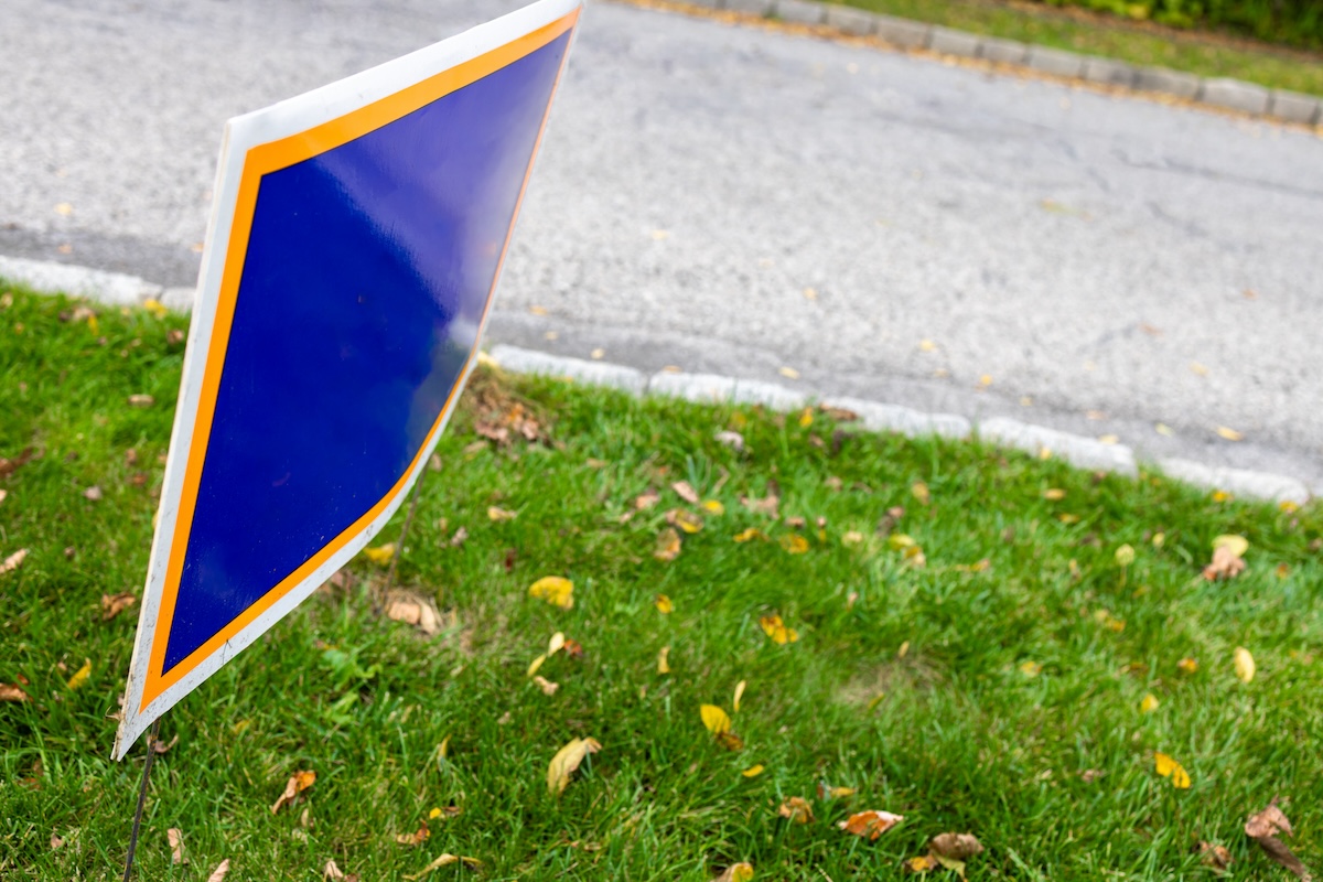 Yellow and blue election sign in a lawn.