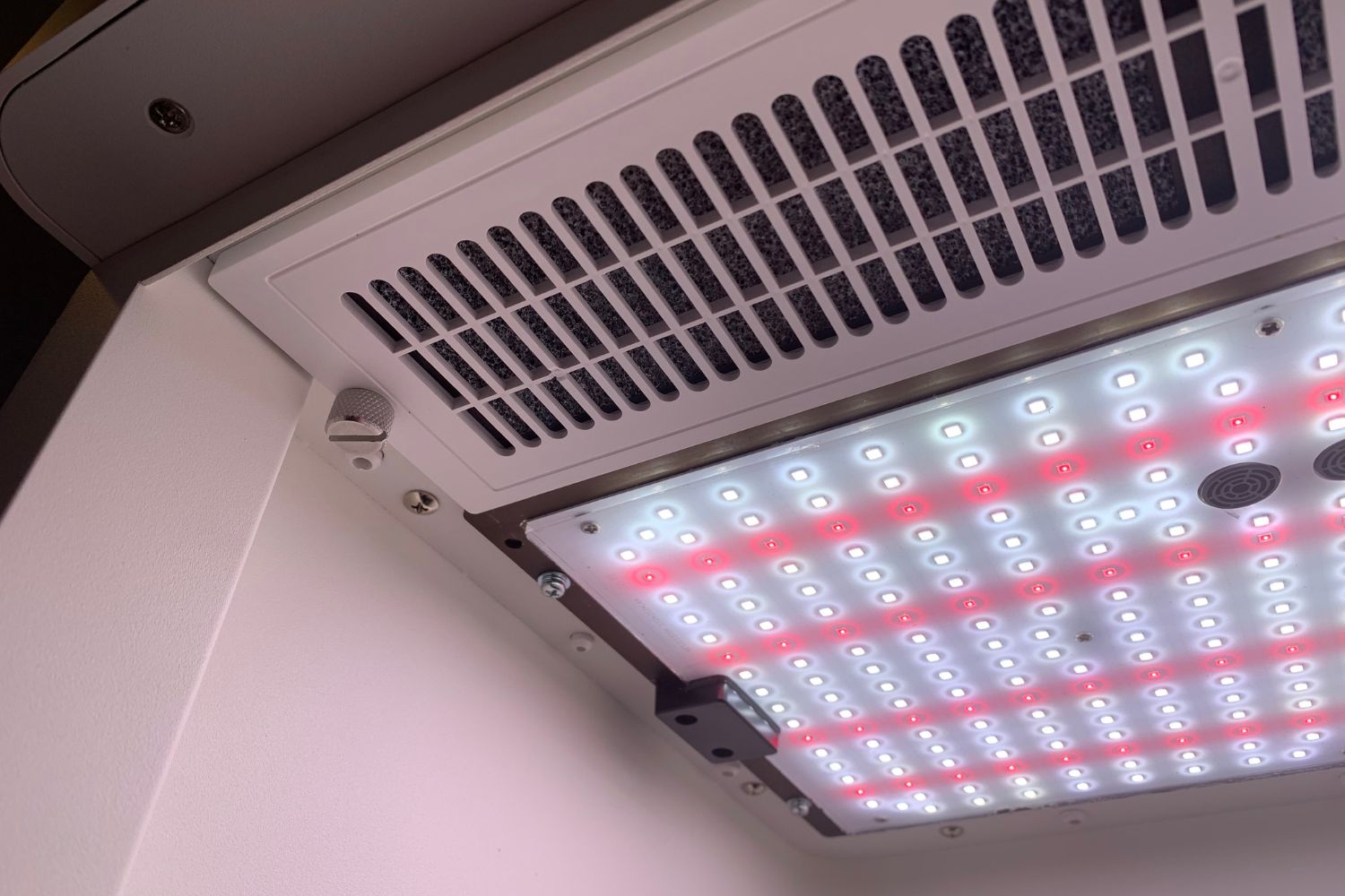 The light and fan inside the HeyAbby hydroponic grow box.