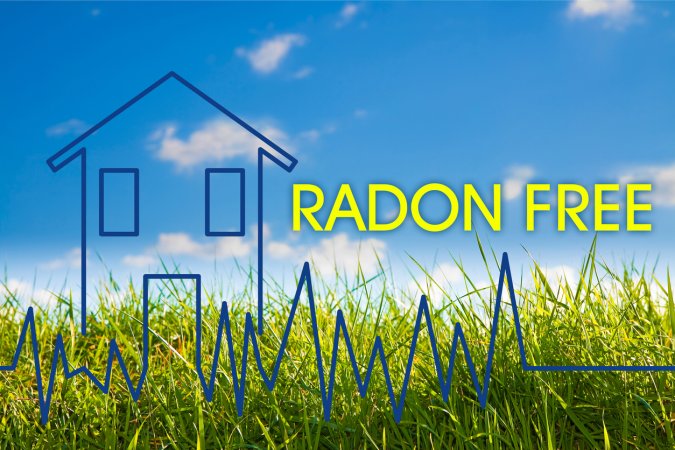 A-graphic-with-the-words-Radon-Free-and-a-house-outline-are-laid-over-a-field-of-green-grass-and-blue-skies.