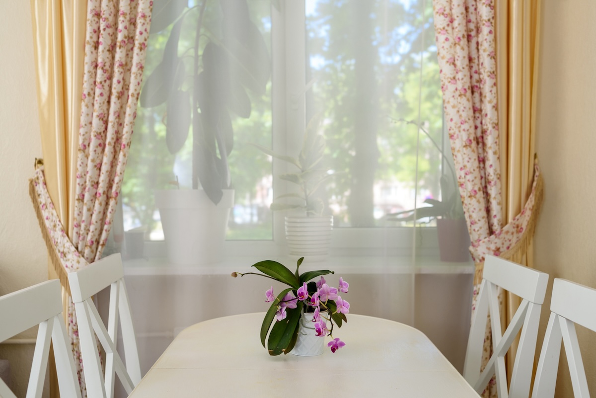 A kitchen window with two curtains.