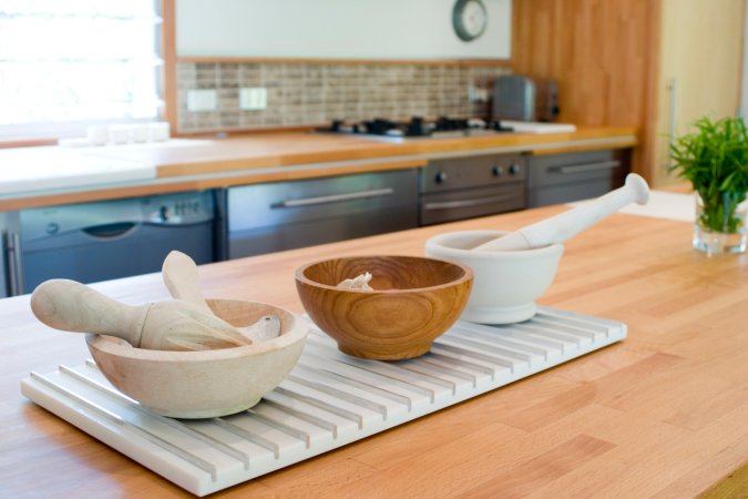 Close up of kitchen counter with butcher block