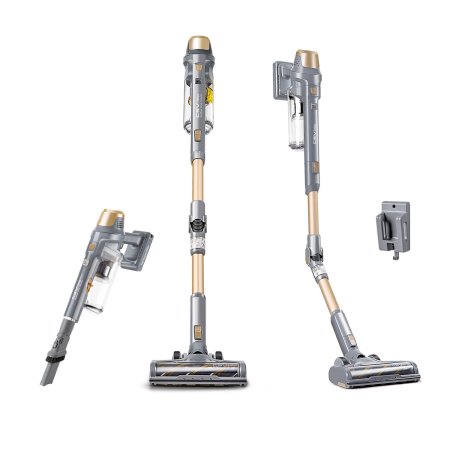  The Kenmore Lightweight Cordless Brushless Stick Vacuum and its accessories on a white background.