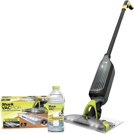  The Shark VM252 Cordless VacMop Pro Vacuum Mop , a bottle of cleaning solution, and a box of replacement pads on a white background.