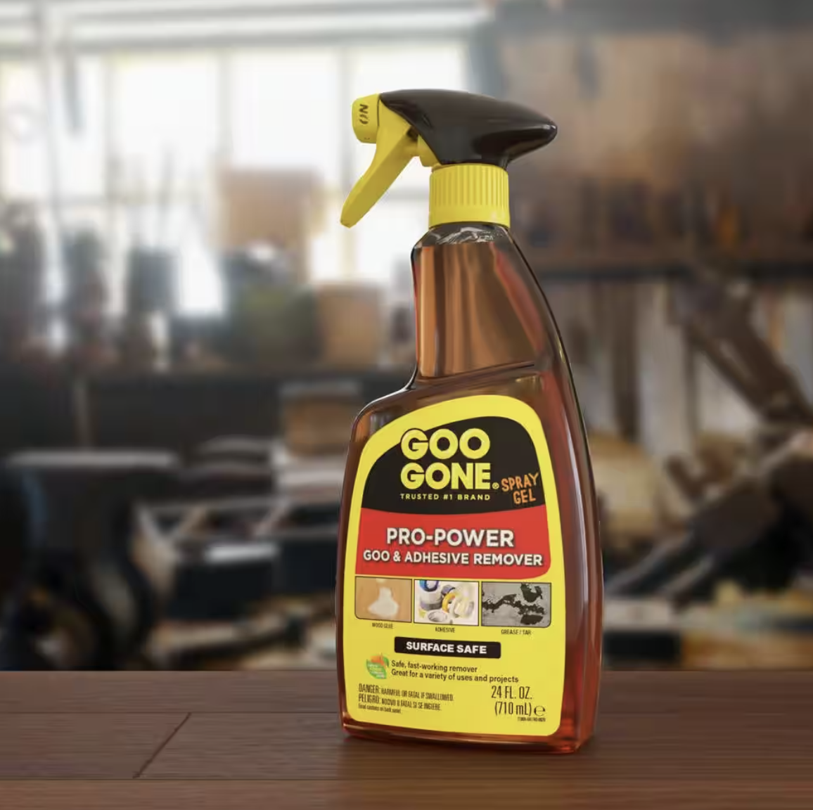 Goo Gone bottle on workshop table