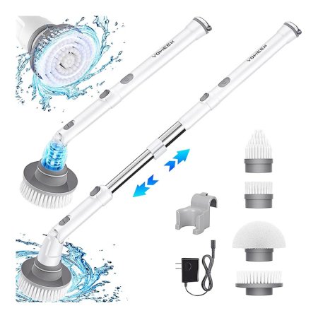  The Voweek Electric Spin Scrubber and its accessories on a white background with additional images showing the telescoping handle and scrubbing brush surface.