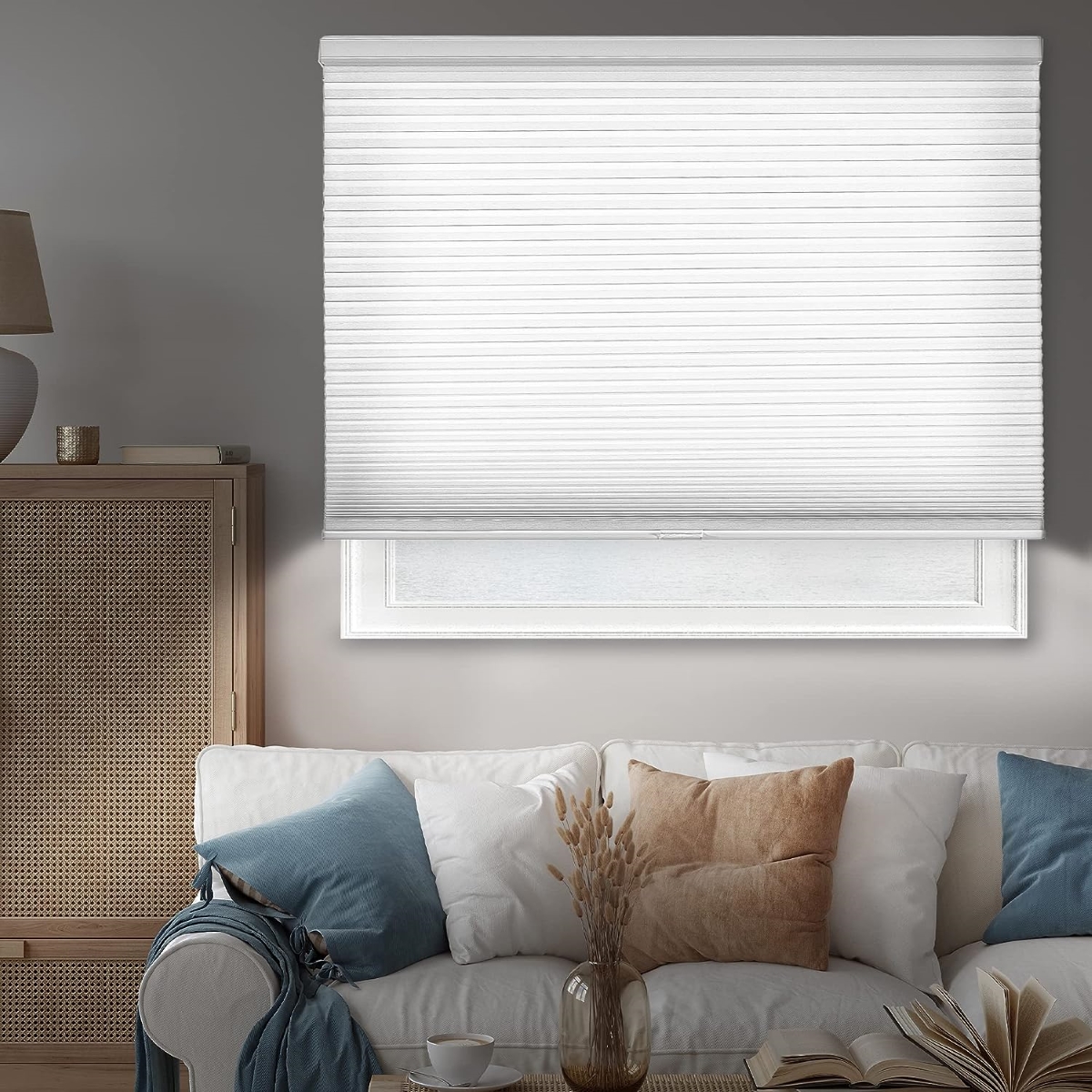 Honeycomb shades in living room.