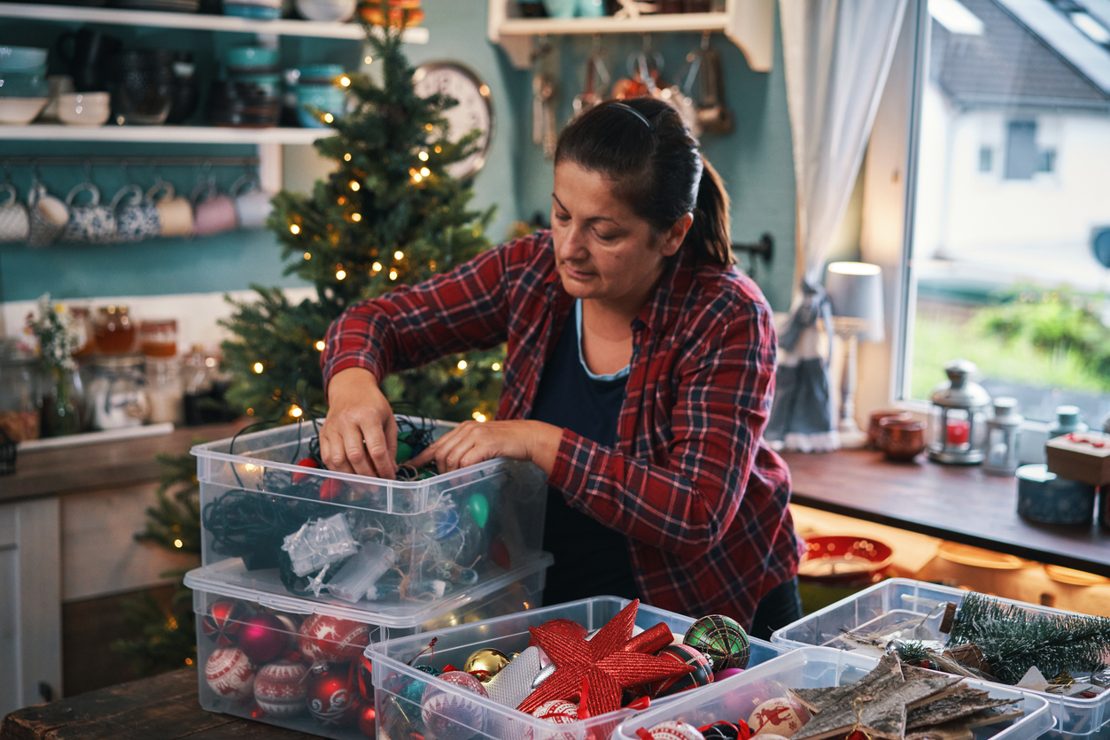 Decorating Christmas Tree with Ornaments and Christmas Lights