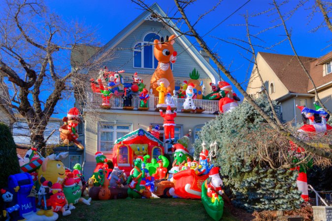 Luxury Brooklyn House with Christmas Decorations, New York. Blue sky.