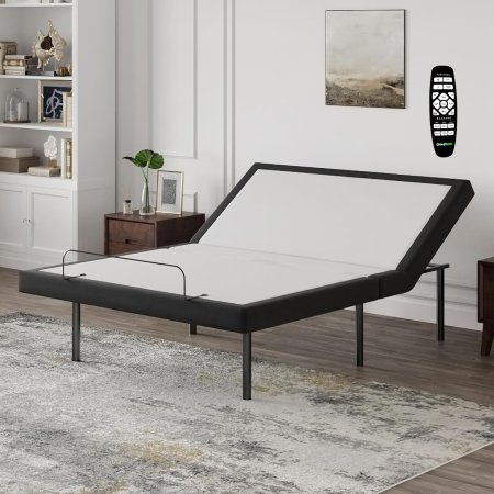  The GhostBed Adjustable Base in a contemporary bedroom with its remote inset in the corner.