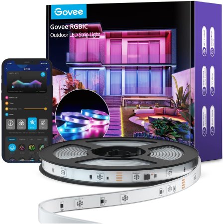  A roll of Govee Wi-Fi RGBIC Outdoor LED Strip Lights, its box, and a phone showing the Govee app.