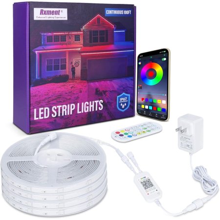  A roll of Rxment 100-Foot Outdoor Waterproof LED Strip Lights with its box, remote, wall plug, and a phone showing the Rxment app.