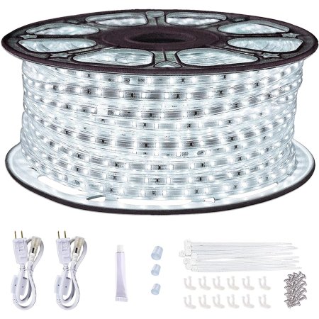  A roll of Surnie 150-Foot Waterproof Dimmable LED Strip Lights, installation pieces, and wall plugs.