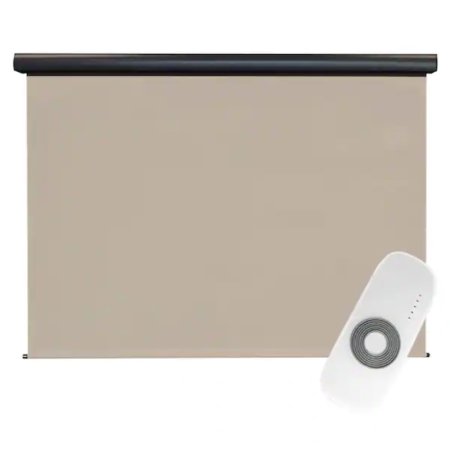  The SeaSun Rechargeable Motorized Shade With Valance and a remote on a white background.