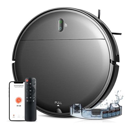  Black circular Robot Vac and Mop Combo with remote next to smartphone on white background