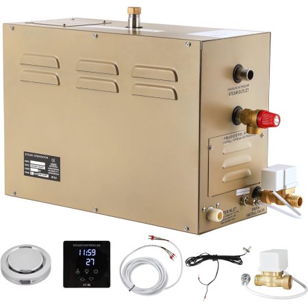  The CGoldenwall Commercial Self-Draining Steam Generator, installation components, and control panel on a white background.