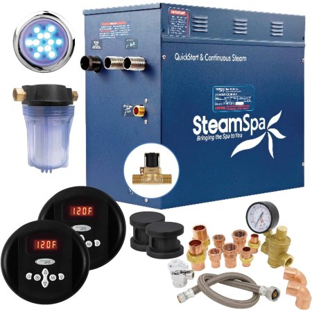  The SteamSpa QuickStart Steam Bath Generator, its installation components, and control panels on a white background.