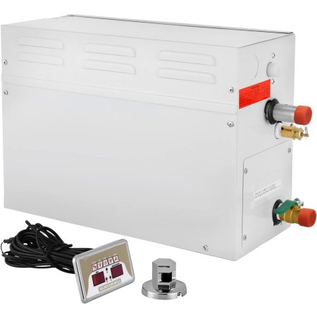  The Vevor 9kW Steam Generator and its installation accessories on a white background.