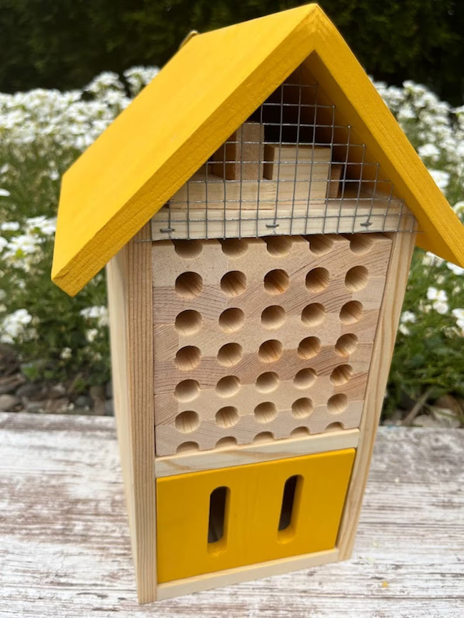 Grand-Pollinator-Hotel-with-a-yellow-roof-sits-on-a-wooden-bench-in-front-of-milkweed