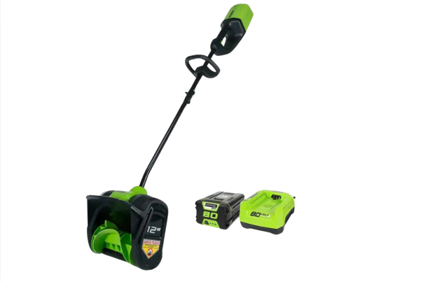 Greenworks electric snow shovel on white background