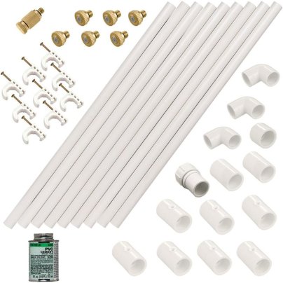 The disassembled components of the Orbit Performance 20070 PVC Mist Cooling System on a white background.