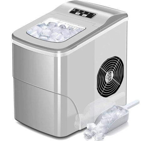  The Aglucky Countertop Ice Maker Machine on a white background and full of ice with a scoop of ice next to it.