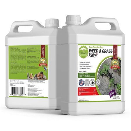  Two jugs of the Eco Garden Pro Organic Vinegar Weed Killer on a white background, one facing forward and one facing backward.