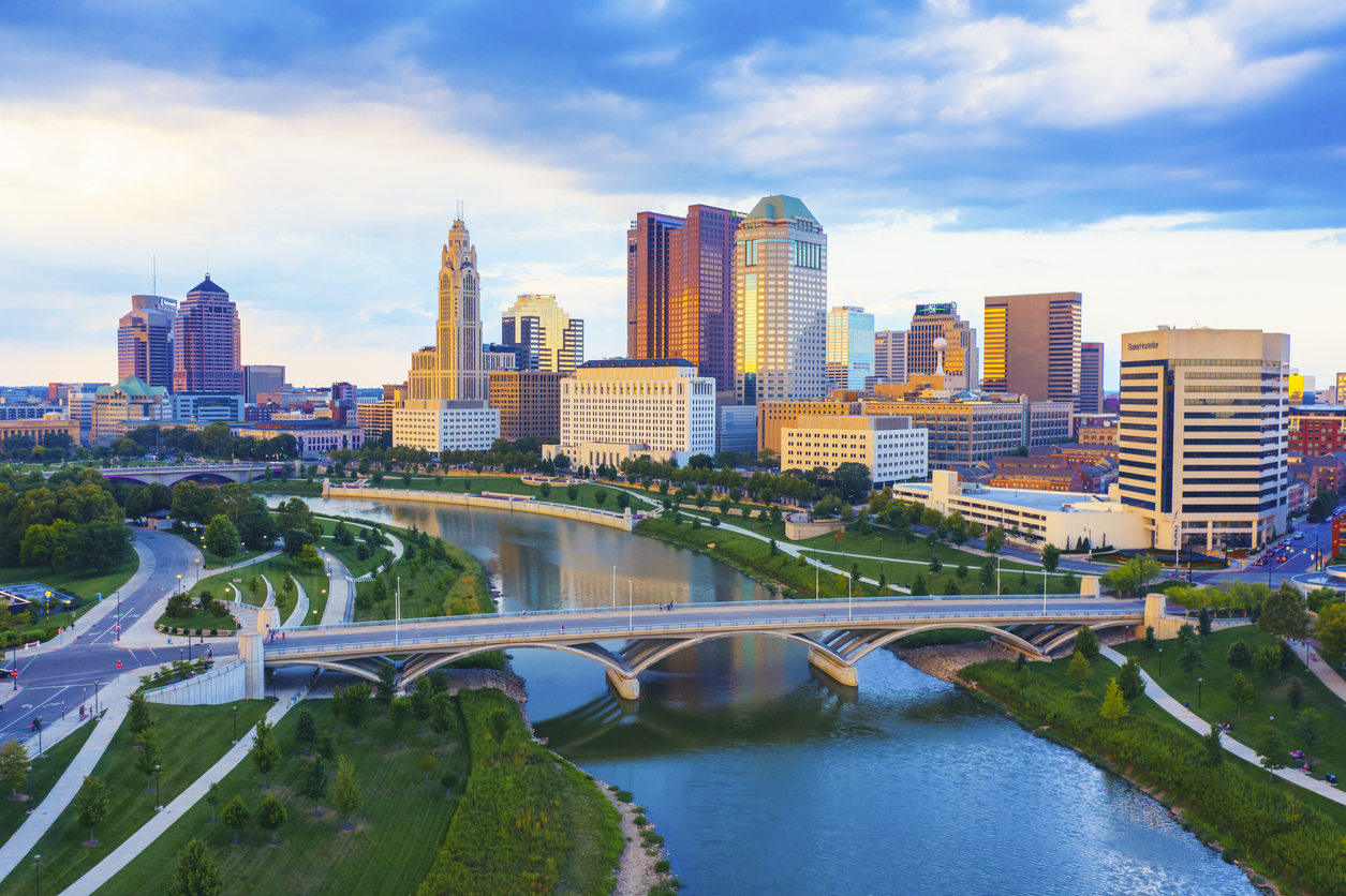 Aerial view of Downtown Columbus Ohio with Scioto river