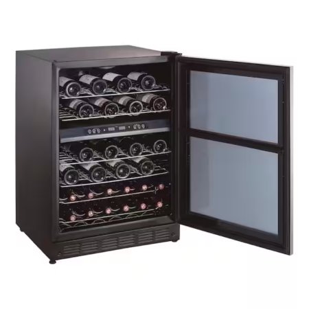  The Best Wine Fridge Option: Magic Chef 44The Magic Chef 44-Bottle Dual-Zone Wine Cooler with its door open to show it fully stocked with wine.-Bottle Dual-Zone Wine Cooler