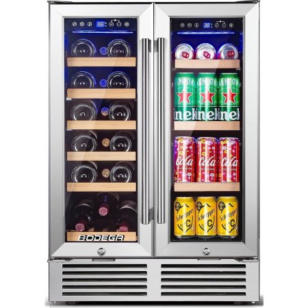  The Bodega Cooler 24-Inch Wine and Beverage Cooler stocked with wine and beer.