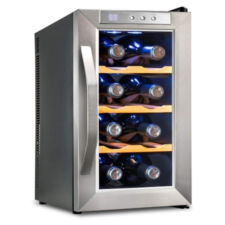  The Ivation 8-Bottle Thermoelectric Wine Cooler stocked with bottles on a white background.