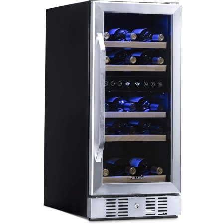  The NewAir 15-Inch 29-Bottle Dual-Zone Wine Fridge stocked with bottles on a white background.