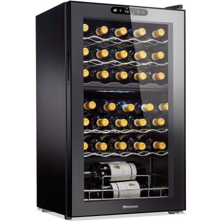  The Wine Enthusiast 32-Bottle Dual-Zone Max Wine Cooler fully stocked with wine and shown on a white background.