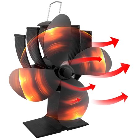  The Tsendi 4 Blades Silent Operation Wood Stove Fan on a white background with a red, orange, and yellow illustration showing heat distribution.