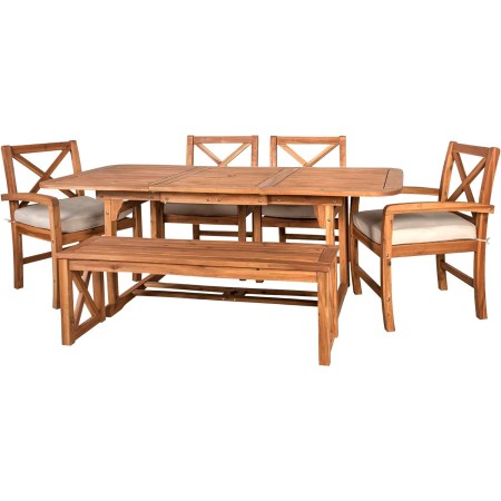  Walker Edison 6-Piece Classic Outdoor Dining Set, 1 table 4 chairs and a bench