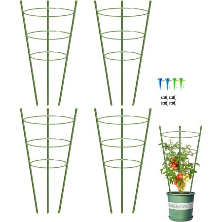  Five Mimeela Tomato Cages, one with a plant inside