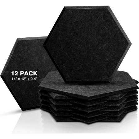  A stack of twelve Sonic Acoustics Hexagon Soundproofing Panels on a white background.