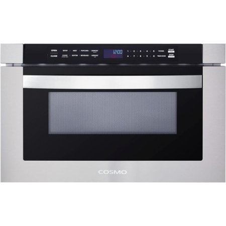  The Cosmo 24" Built-In Stainless Steel Microwave Drawer on a white background.