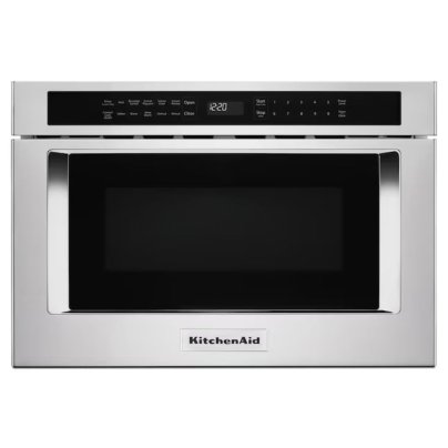 The KitchenAid 24" Under-Counter Microwave Drawer on a white background.