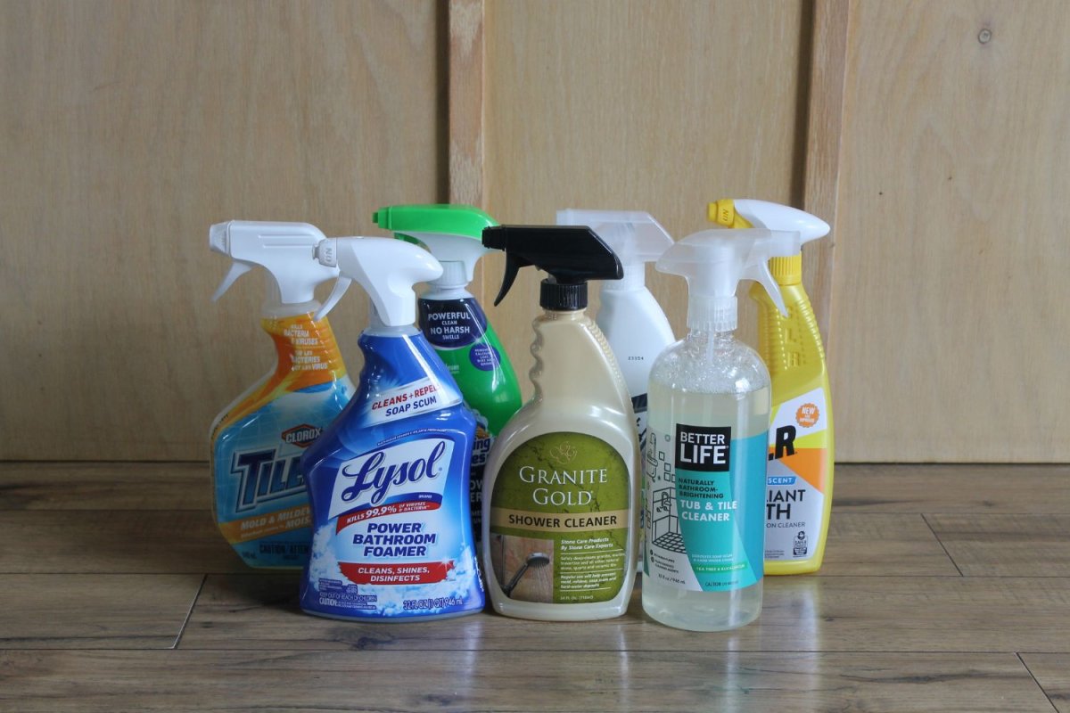 A group of the Best Shower Tile Cleaners on a counter before testing.