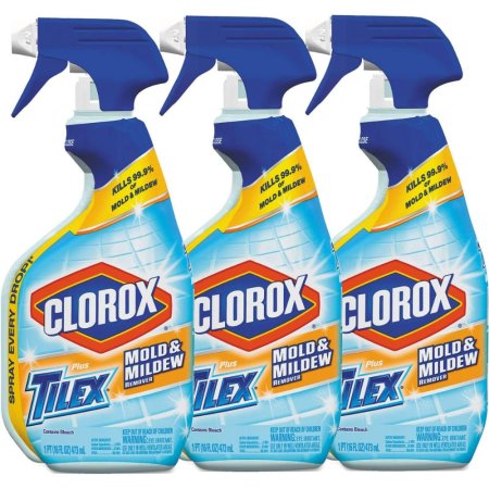  Three spray bottles of Clorox Plus Tilex Mold & Mildew Remover on a white background.