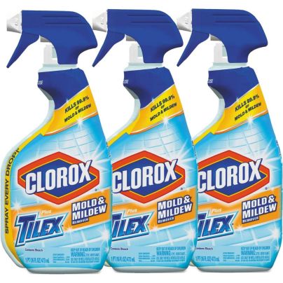 Three spray bottles of Clorox Plus Tilex Mold & Mildew Remover on a white background.