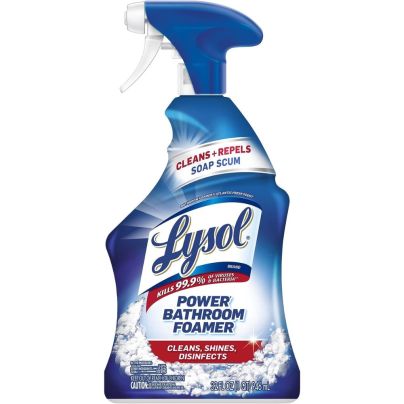A spray bottle of Lysol Power Bathroom Foamer Cleaner on a white background.