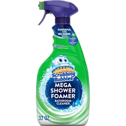 A spray bottle of Scrubbing Bubbles Mega Shower Foamer Trigger on a white background.