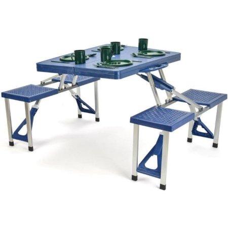  The Trademark Innovations Portable Folding Picnic Table set with green dishes in all four place settings.