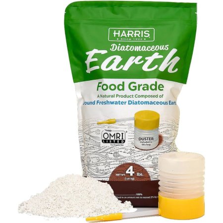  A green and white bag of Harris Diatomaceous Earth Food Grade on a white background next to a pile of diatomaceous earth and a scoop.