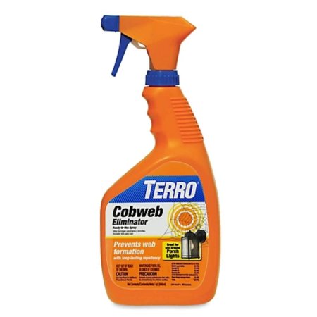  An orange spray bottle of Terro Ready-To-Use Cobweb Eliminator on a white background.