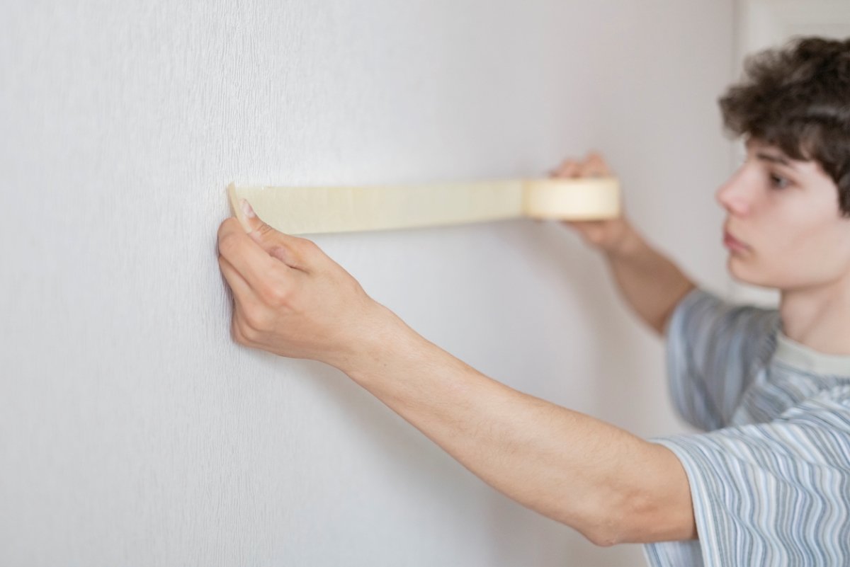 Young man holding painters tape against wall.